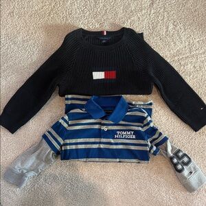 Tommy Hilfiger Kids Black Sweater and Blue Striped Polo
